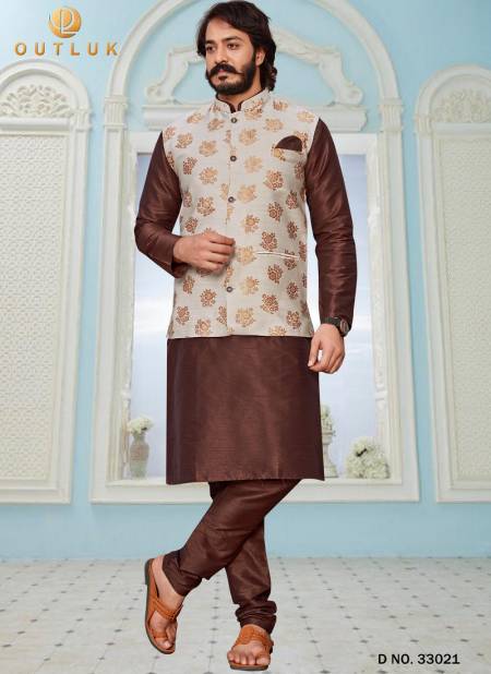 Brown And Peach Colour Latest Design Festive Wear Art Silk Digital Printed Kurta Pajama With Jacket Mens Collection 33021
